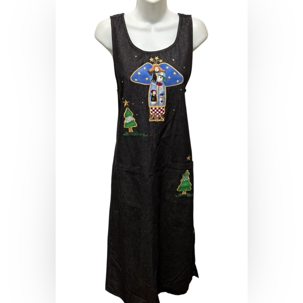 VTG Y2K Denim Midi Jumper Dress Sz L Appliquéd Country Angels Oversized Pockets
